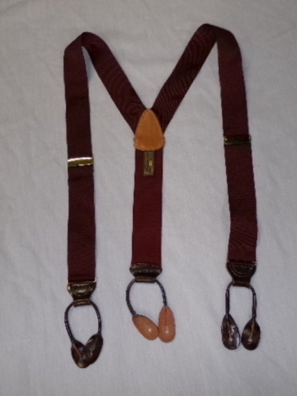 TRAFALGAR Silk Suspenders Burgundy Maroon Leather Button Style Adjustable Braces